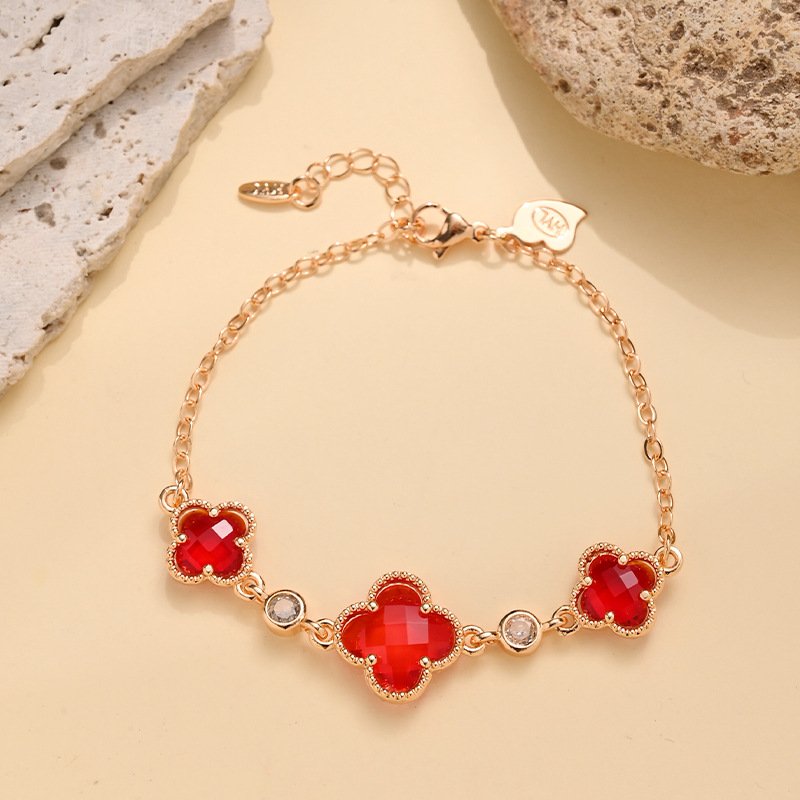 Manufacturer Wholesale Double-Sided Four-Leaf Clover Bracelet for Women, Copper Gold-Plated Zircon Flower Light Luxury Design Trendy Popular Bracelet
