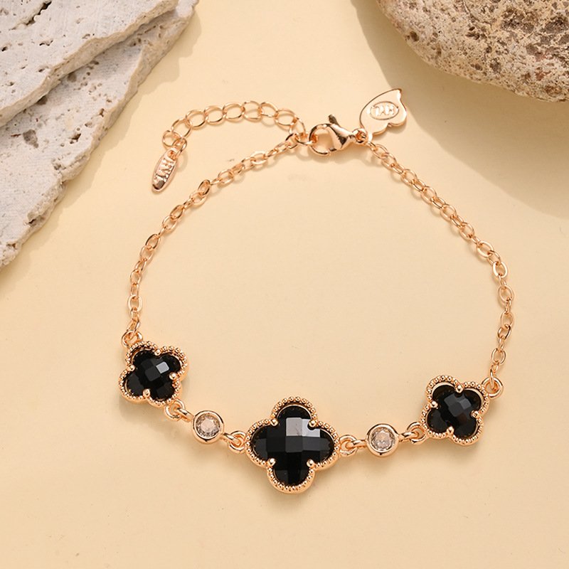 Manufacturer Wholesale Double-Sided Four-Leaf Clover Bracelet for Women, Copper Gold-Plated Zircon Flower Light Luxury Design Trendy Popular Bracelet