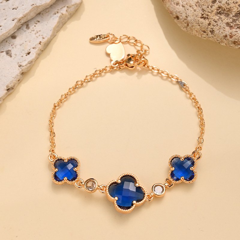 Manufacturer Wholesale Double-Sided Four-Leaf Clover Bracelet for Women, Copper Gold-Plated Zircon Flower Light Luxury Design Trendy Popular Bracelet