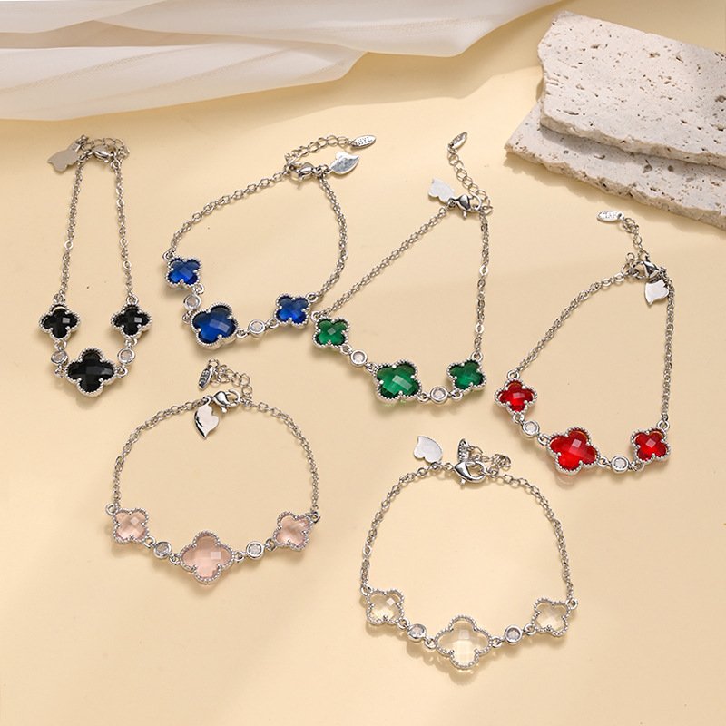 Manufacturer Wholesale Double-Sided Four-Leaf Clover Bracelet for Women, Copper Gold-Plated Zircon Flower Light Luxury Design Trendy Popular Bracelet