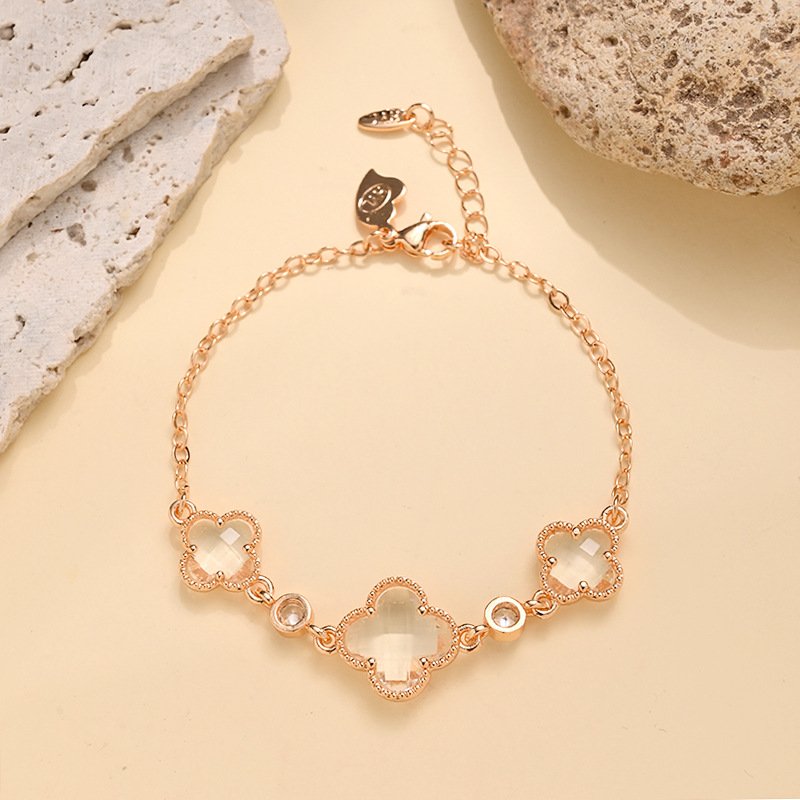 Manufacturer Wholesale Double-Sided Four-Leaf Clover Bracelet for Women, Copper Gold-Plated Zircon Flower Light Luxury Design Trendy Popular Bracelet