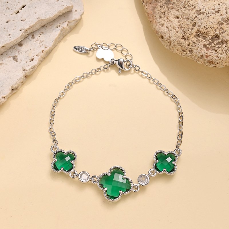 Manufacturer Wholesale Double-Sided Four-Leaf Clover Bracelet for Women, Copper Gold-Plated Zircon Flower Light Luxury Design Trendy Popular Bracelet