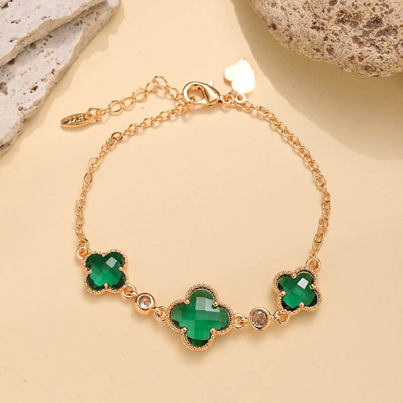 Manufacturer Wholesale Double-Sided Four-Leaf Clover Bracelet for Women, Copper Gold-Plated Zircon Flower Light Luxury Design Trendy Popular Bracelet