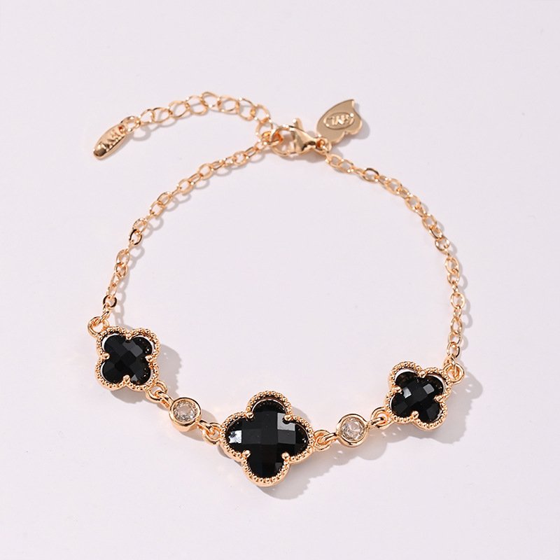 Manufacturer Wholesale Double-Sided Four-Leaf Clover Bracelet for Women, Copper Gold-Plated Zircon Flower Light Luxury Design Trendy Popular Bracelet