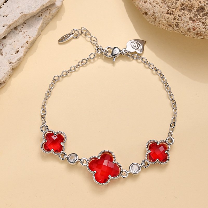 Manufacturer Wholesale Double-Sided Four-Leaf Clover Bracelet for Women, Copper Gold-Plated Zircon Flower Light Luxury Design Trendy Popular Bracelet