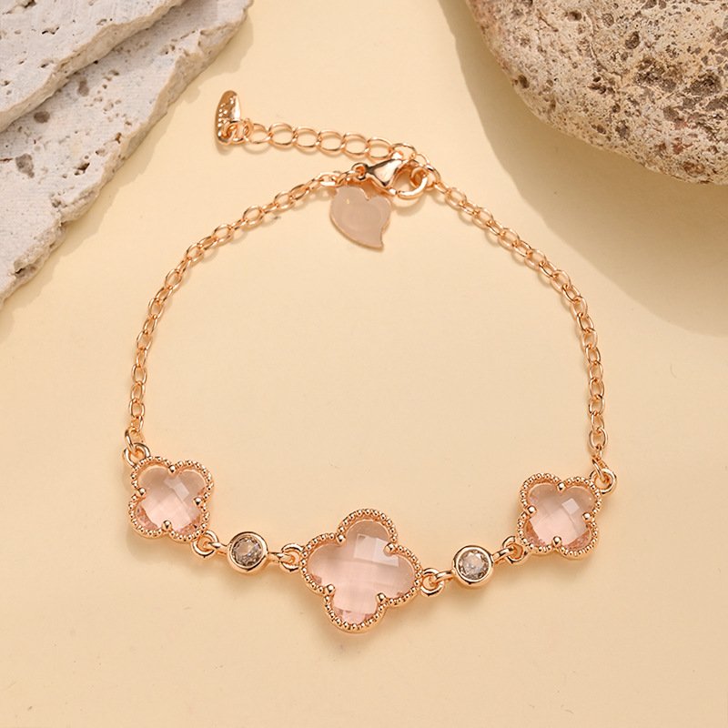 Manufacturer Wholesale Double-Sided Four-Leaf Clover Bracelet for Women, Copper Gold-Plated Zircon Flower Light Luxury Design Trendy Popular Bracelet