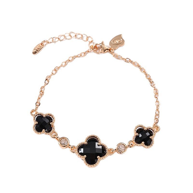 Manufacturer Wholesale Double-Sided Four-Leaf Clover Bracelet for Women, Copper Gold-Plated Zircon Flower Light Luxury Design Trendy Popular Bracelet