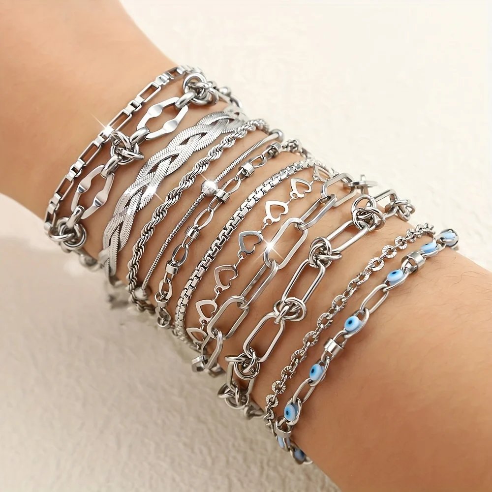 12 pcs Women's Fashion Stainless Steel Bracelets, Elegant and Delicate Jewelry Set for Women