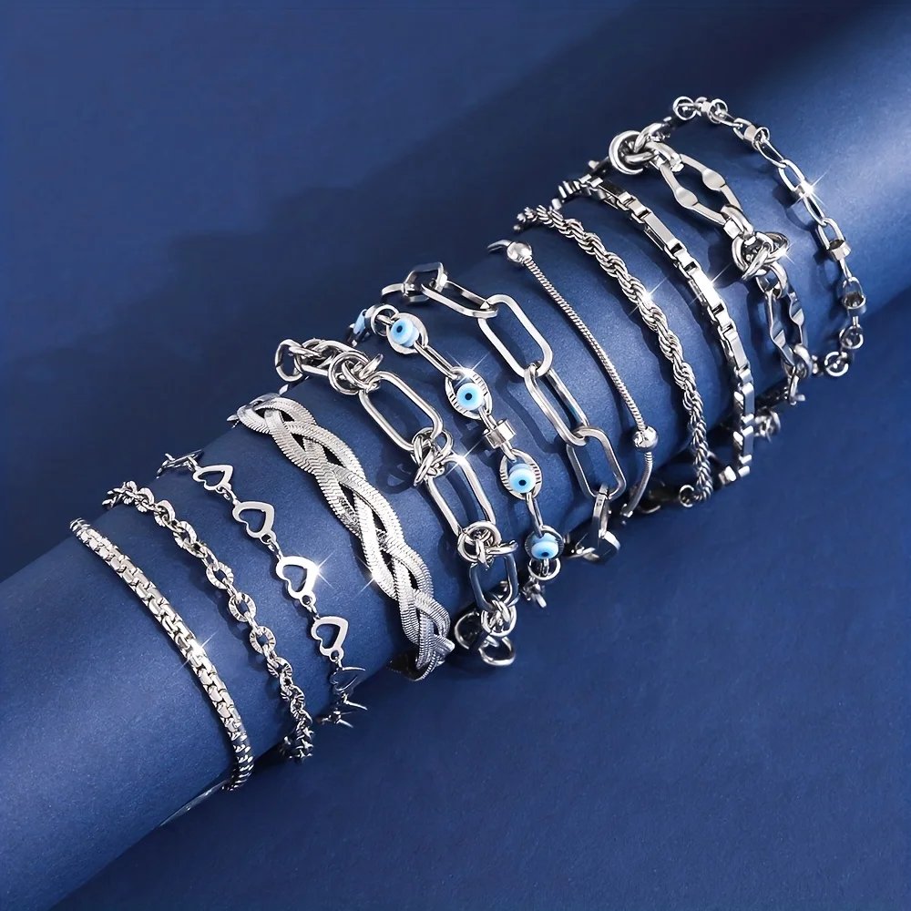 12 pcs Women's Fashion Stainless Steel Bracelets, Elegant and Delicate Jewelry Set for Women