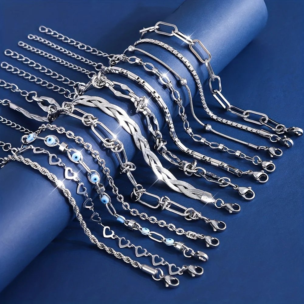 12 pcs Women's Fashion Stainless Steel Bracelets, Elegant and Delicate Jewelry Set for Women