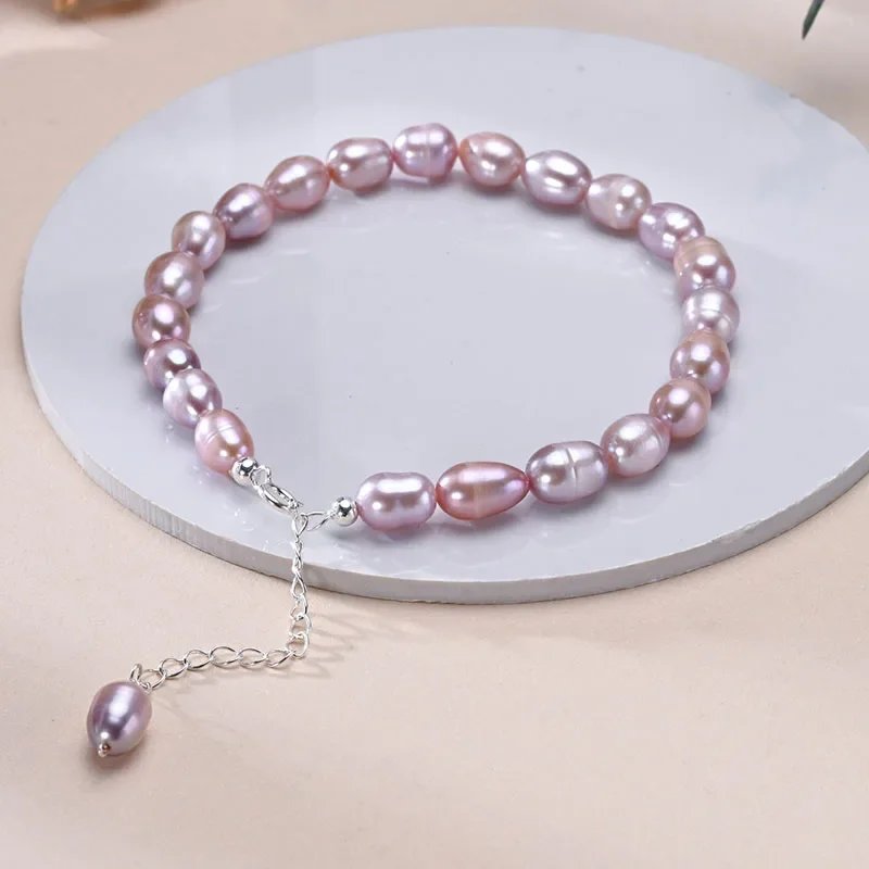 YWYC 6-7mm Rice Shape Freshwater Pearl Bracelet Pink Purple Mix Color S925 Sterling Silver Chain Women's Hand Bracelet Jewelry
