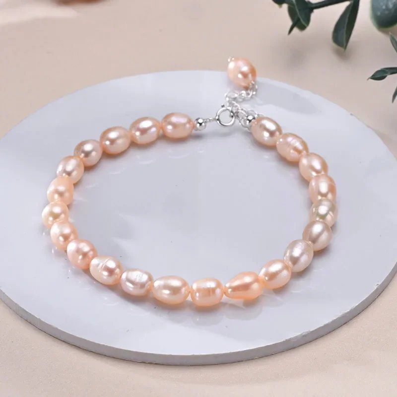YWYC 6-7mm Rice Shape Freshwater Pearl Bracelet Pink Purple Mix Color S925 Sterling Silver Chain Women's Hand Bracelet Jewelry