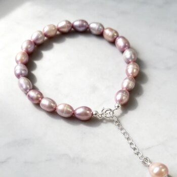 YWYC 6-7mm Rice Shape Freshwater Pearl Bracelet Pink Purple Mix Color S925 Sterling Silver Chain Women's Hand Bracelet Jewelry