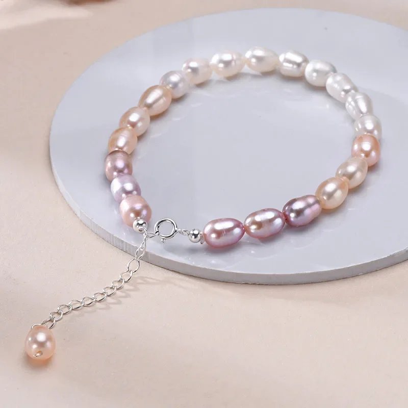 YWYC 6-7mm Rice Shape Freshwater Pearl Bracelet Pink Purple Mix Color S925 Sterling Silver Chain Women's Hand Bracelet Jewelry