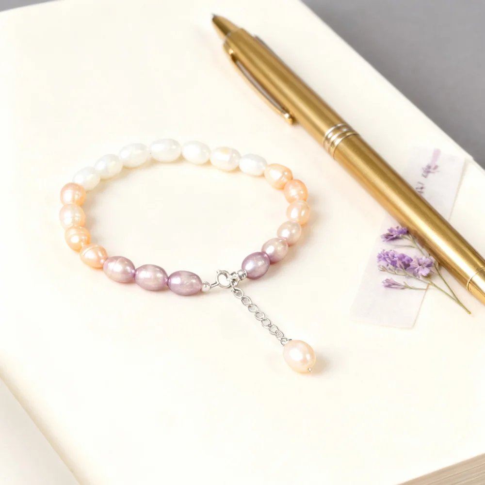 YWYC 6-7mm Rice Shape Freshwater Pearl Bracelet Pink Purple Mix Color S925 Sterling Silver Chain Women's Hand Bracelet Jewelry