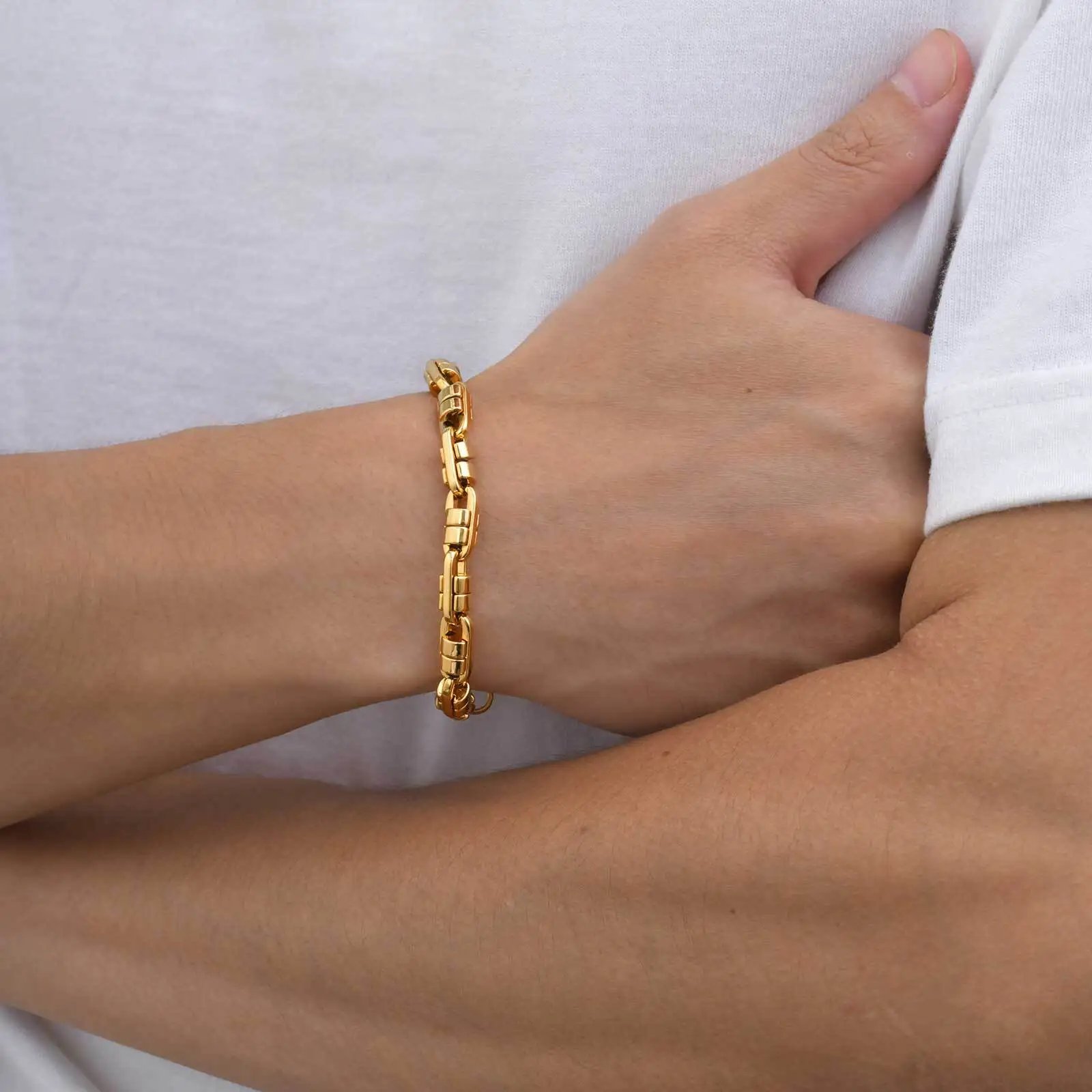 Gold Color Handmade Chain Bracelets for Men,Waterproof Stainless Steel Chain Wristband,Causal Simple Jewelry Gift