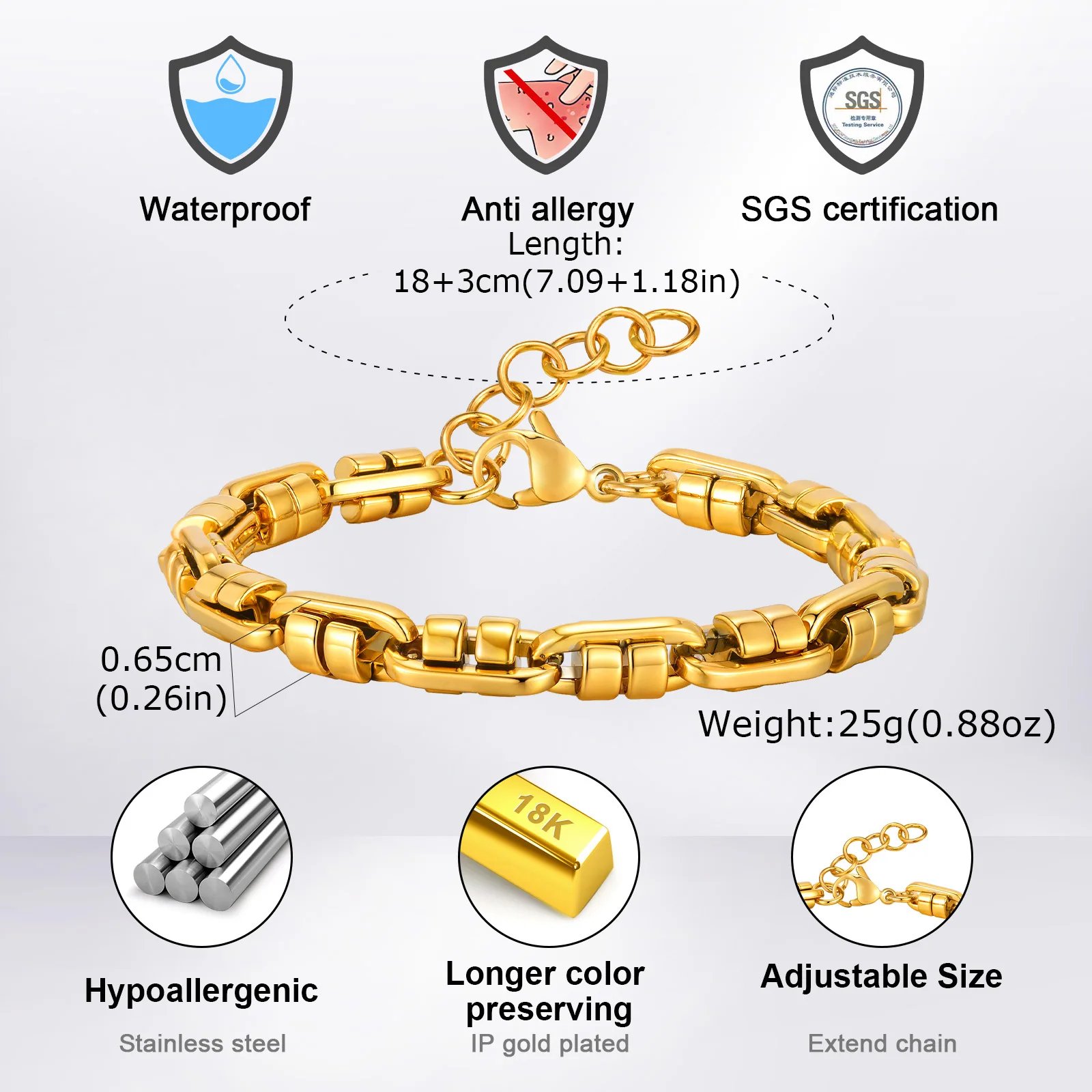 Gold Color Handmade Chain Bracelets for Men,Waterproof Stainless Steel Chain Wristband,Causal Simple Jewelry Gift