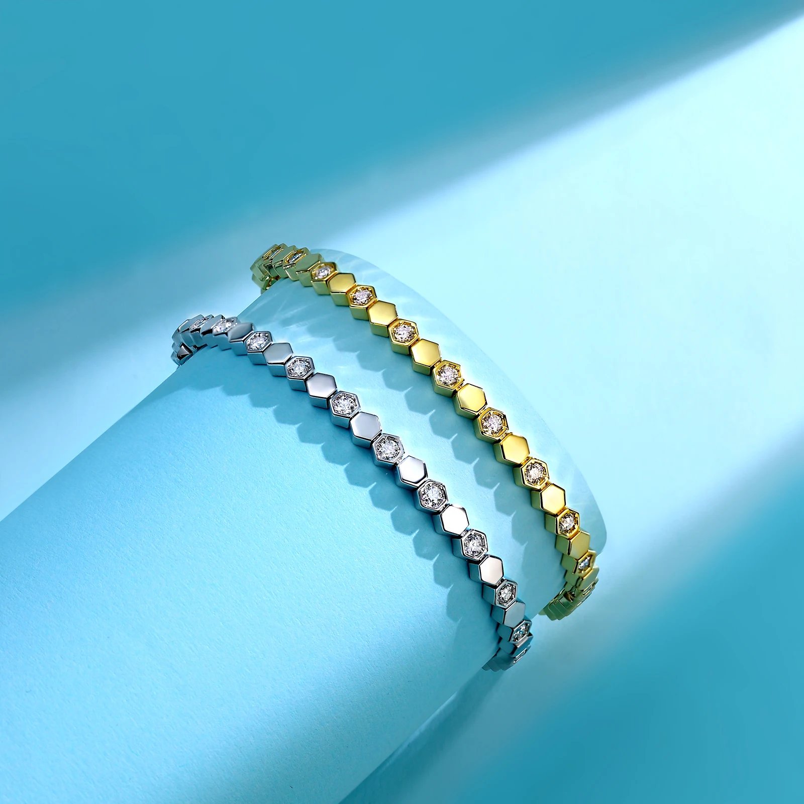 925 Sterling Silver 14K Gold Plated Moissanite Hexagon Tennis Bracelet for Women Color Sparkling Geometric Jewelry Gift