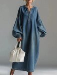 Chic Casual Vintage Denim Dress Loose Long Sleeve Big Pockets Single-breasted V Neck Robes Lantern Sleeve Maxi Dress Vestidos