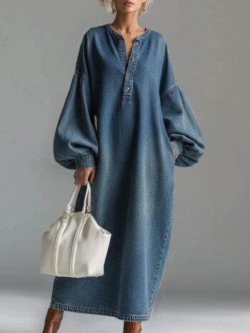 Chic Casual Vintage Denim Dress Loose Long Sleeve Big Pockets Single-breasted V Neck Robes Lantern Sleeve Maxi Dress Vestidos