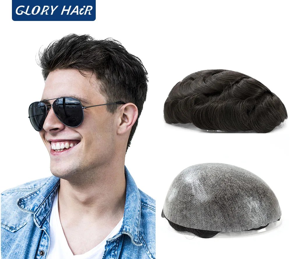 0.12-0.14mm Injected Thin Skin 130%Density Man Hair Prosthesis Human Hair Male Toupee Wig Adult Capillary Prosthesis Hair System