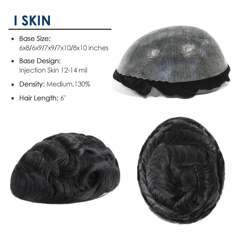 0.12-0.14mm Injected Thin Skin 130%Density Man Hair Prosthesis Human Hair Male Toupee Wig Adult Capillary Prosthesis Hair System