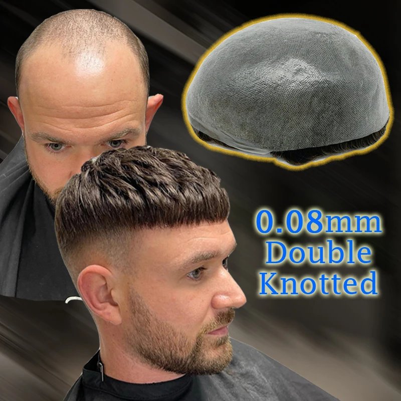 0.08mm Thickness PU Poly Base Double Knotted Toupee Human Hair Durable Time Long Lifespan Men's Capillary Prothesis