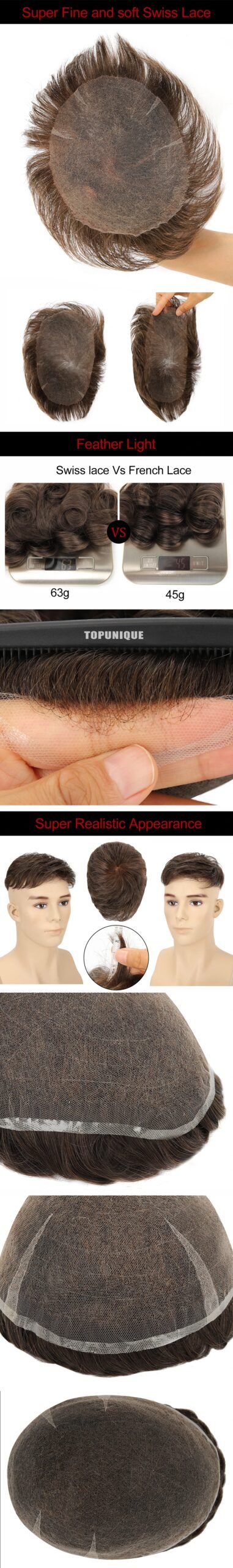 Topunique Full Swiss Lace 90% Light to Medium Light Men Toupee Capillary Prothesis Hair Piece For Men Hair Replacement System