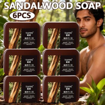 6PCS Men's Sandalwood Handmade Soap, three-in-one, Cleansing Soap cleanses face, hair, bathes the whole body, moisturizes