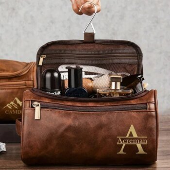 Engraved Name Men’s Waterproof Bag Personalized Name Durable PU Leather  Multi-Use Ideal for Shaving Travel Business Make-Up Bag