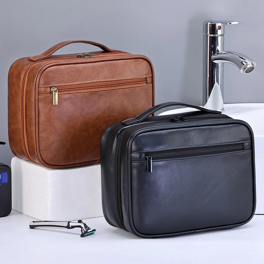 Zipper PU Leather Men Business Portable Storage Bag Toiletries Organizer Women Travel Cosmetic Bag Hanging Waterproof Wash Pouch