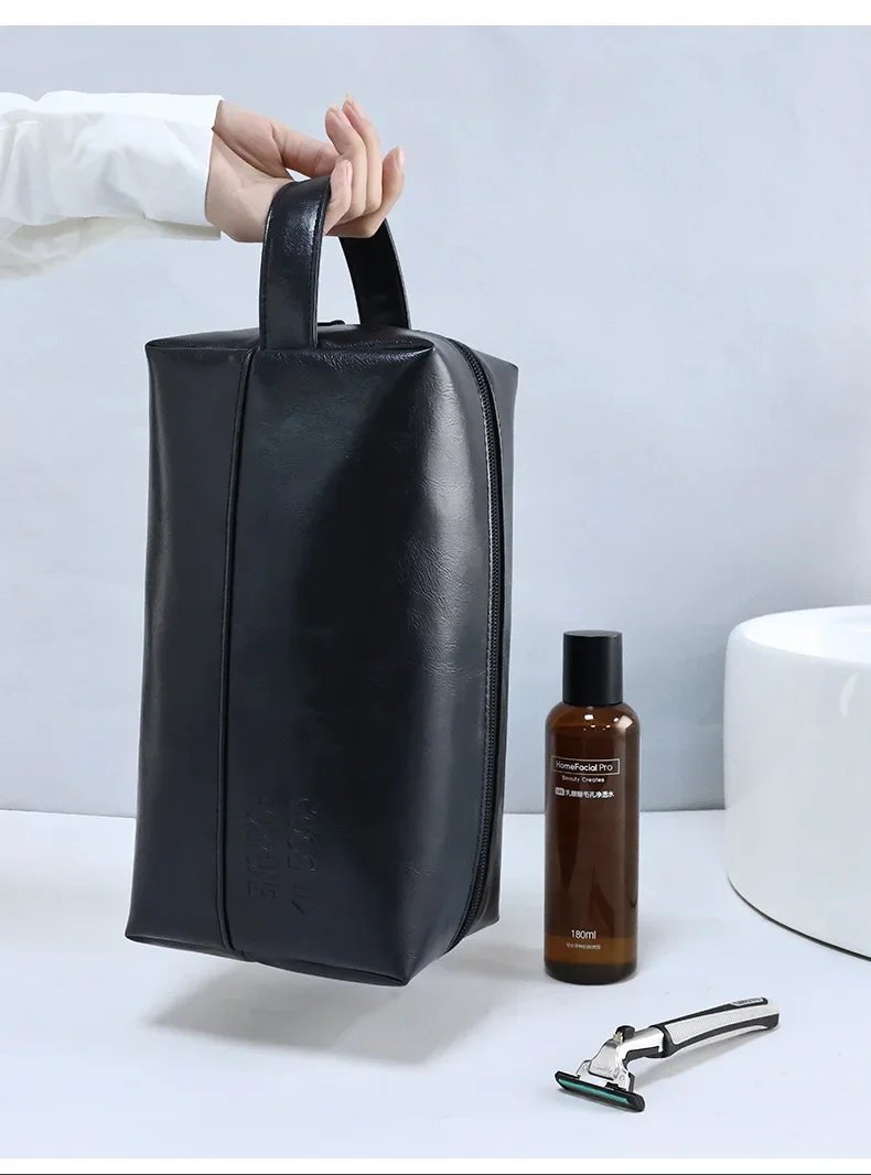 Zipper PU Leather Men Business Portable Storage Bag Toiletries Organizer Women Travel Cosmetic Bag Hanging Waterproof Wash Pouch