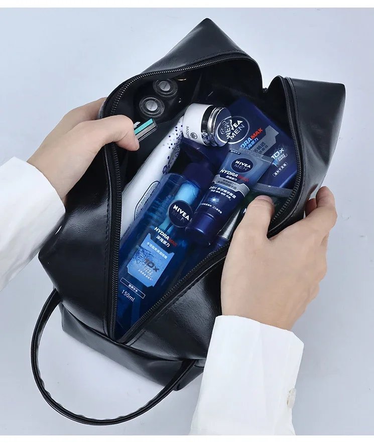 Zipper PU Leather Men Business Portable Storage Bag Toiletries Organizer Women Travel Cosmetic Bag Hanging Waterproof Wash Pouch