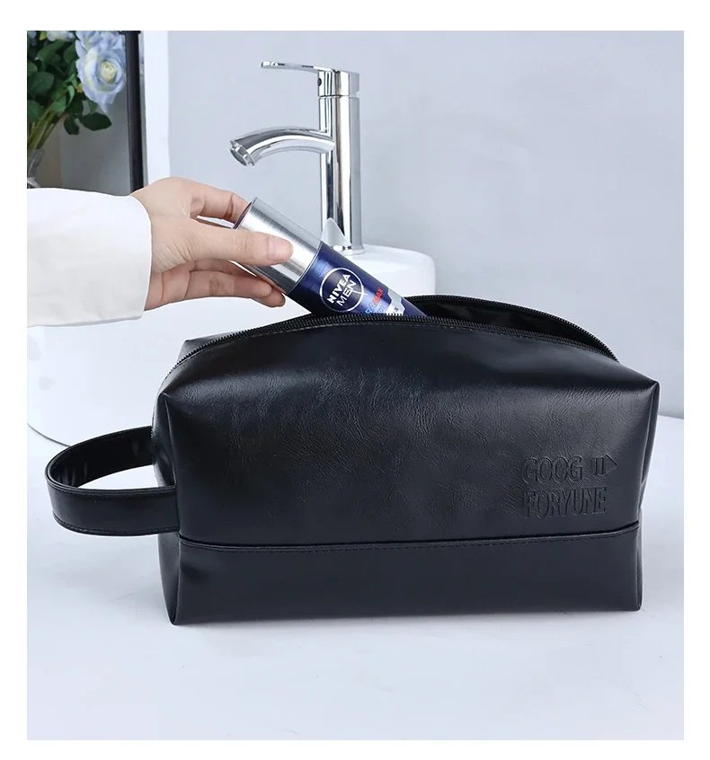 Zipper PU Leather Men Business Portable Storage Bag Toiletries Organizer Women Travel Cosmetic Bag Hanging Waterproof Wash Pouch