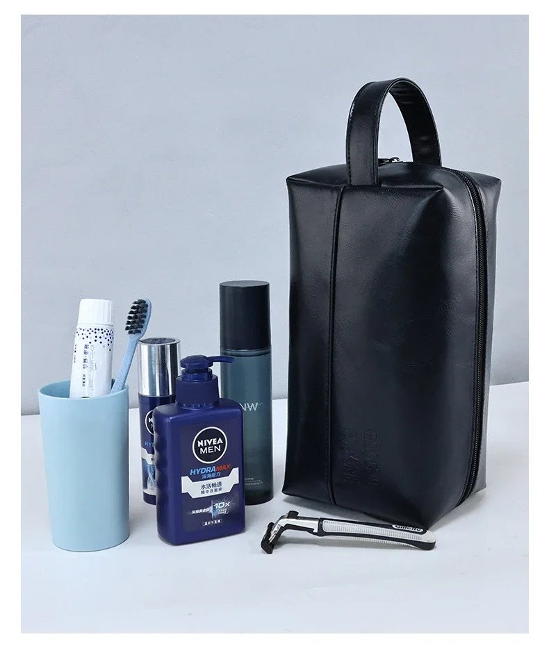 Zipper PU Leather Men Business Portable Storage Bag Toiletries Organizer Women Travel Cosmetic Bag Hanging Waterproof Wash Pouch