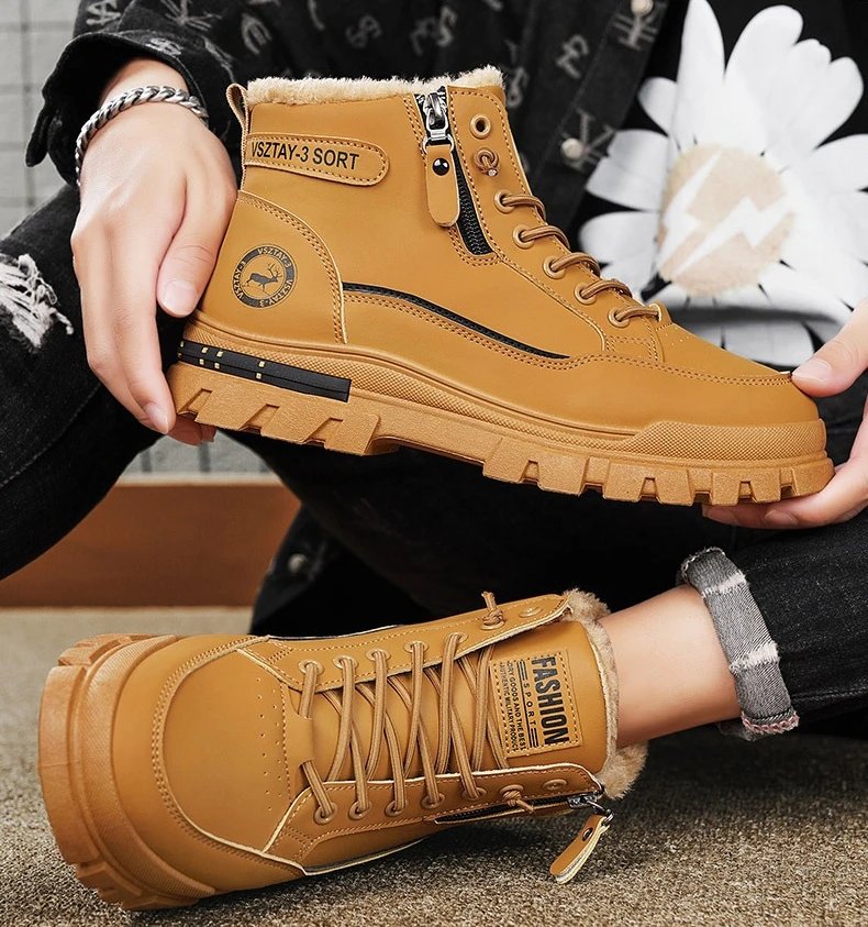 New winter plush  thick warm men's cotton shoes trendy outdoor high top male snow boots