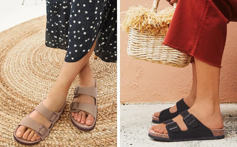 KIDMI Cork Clogs Slippers For Women Cork Footbed Beach Sandals Outdoor Suede Clogs Sandals With Adjustable Buckle Men Sandals