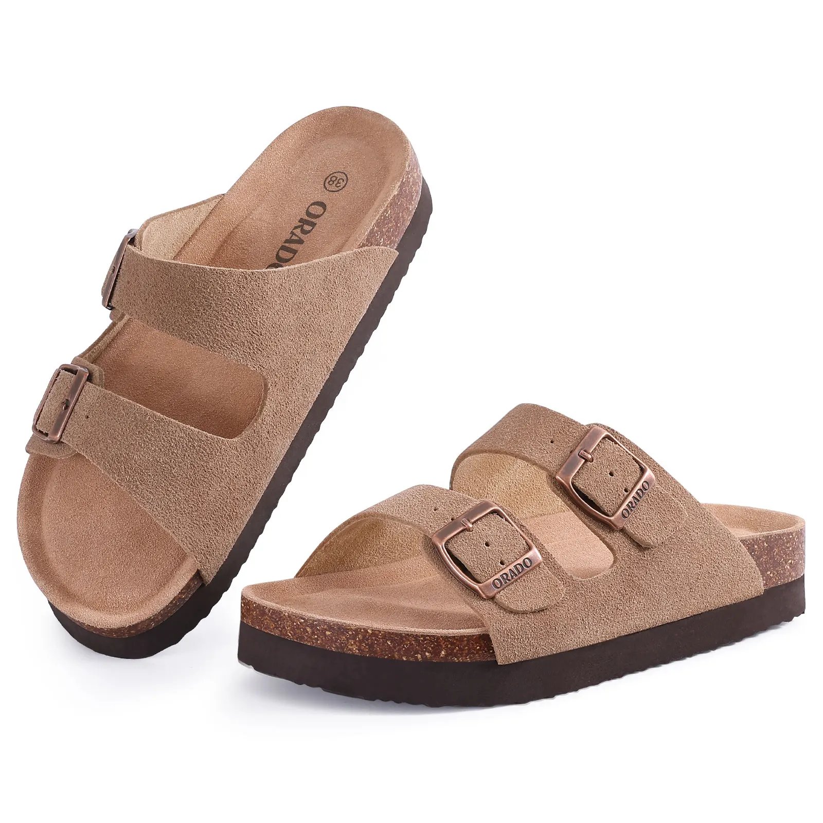 KIDMI Cork Clogs Slippers For Women Cork Footbed Beach Sandals Outdoor Suede Clogs Sandals With Adjustable Buckle Men Sandals