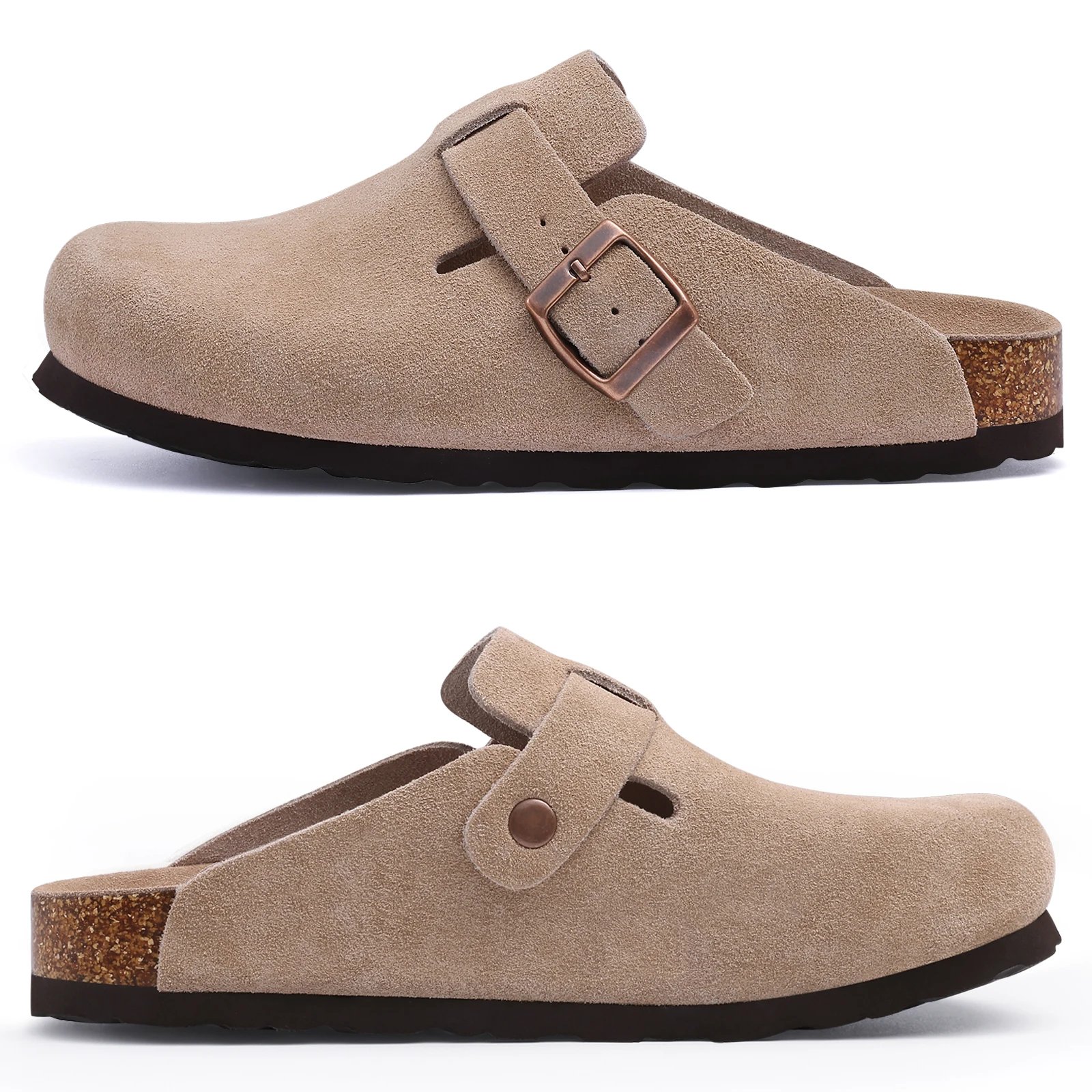 KIDMI Cork Clogs Slippers For Women Cork Footbed Beach Sandals Outdoor Suede Clogs Sandals With Adjustable Buckle Men Sandals