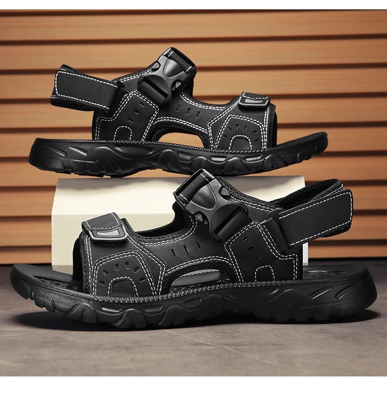 Summer Men Sandals PU Leather Lightweight Open Toe Flat Mens Casual Shoes Outdoor Walking Sandals for Men Beach Shoes Size 39-46