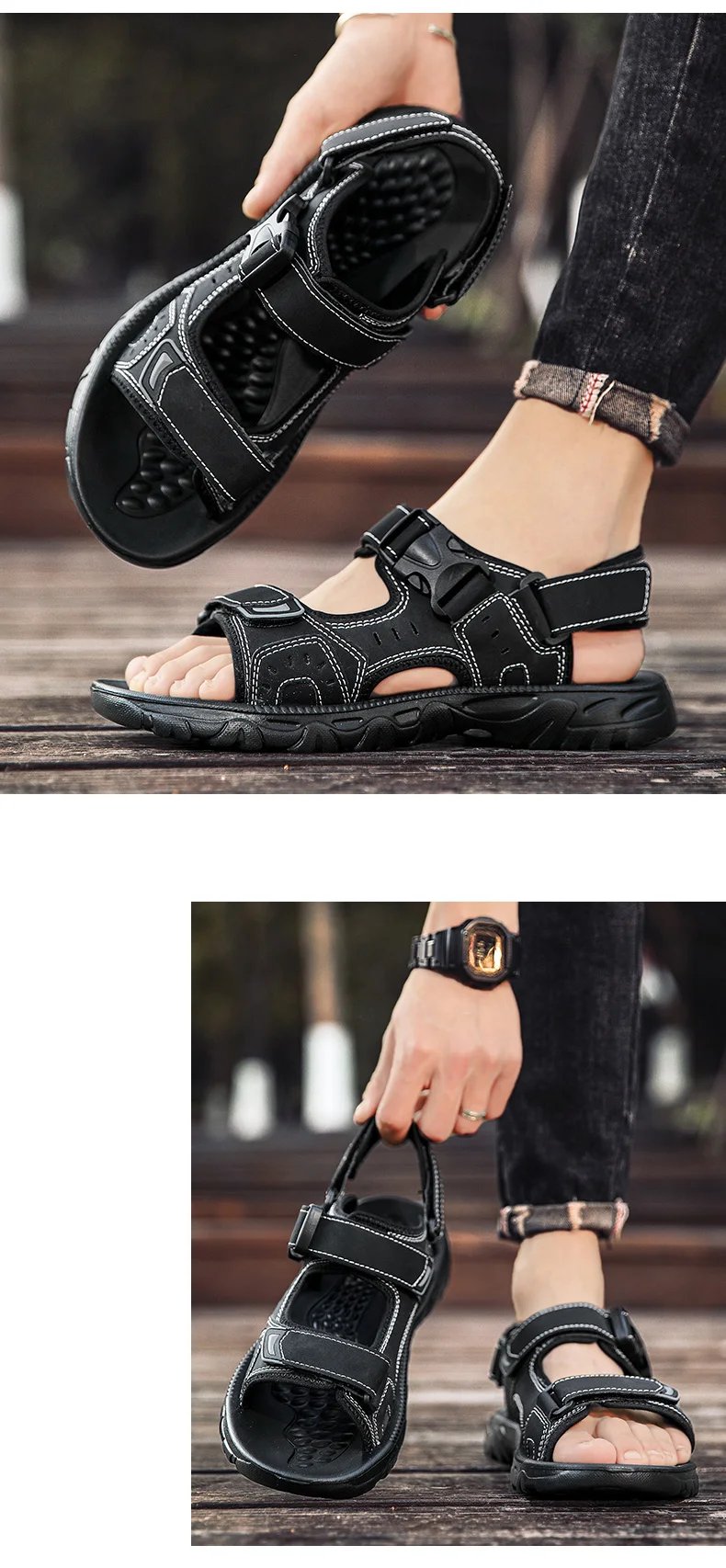 Summer Men Sandals PU Leather Lightweight Open Toe Flat Mens Casual Shoes Outdoor Walking Sandals for Men Beach Shoes Size 39-46