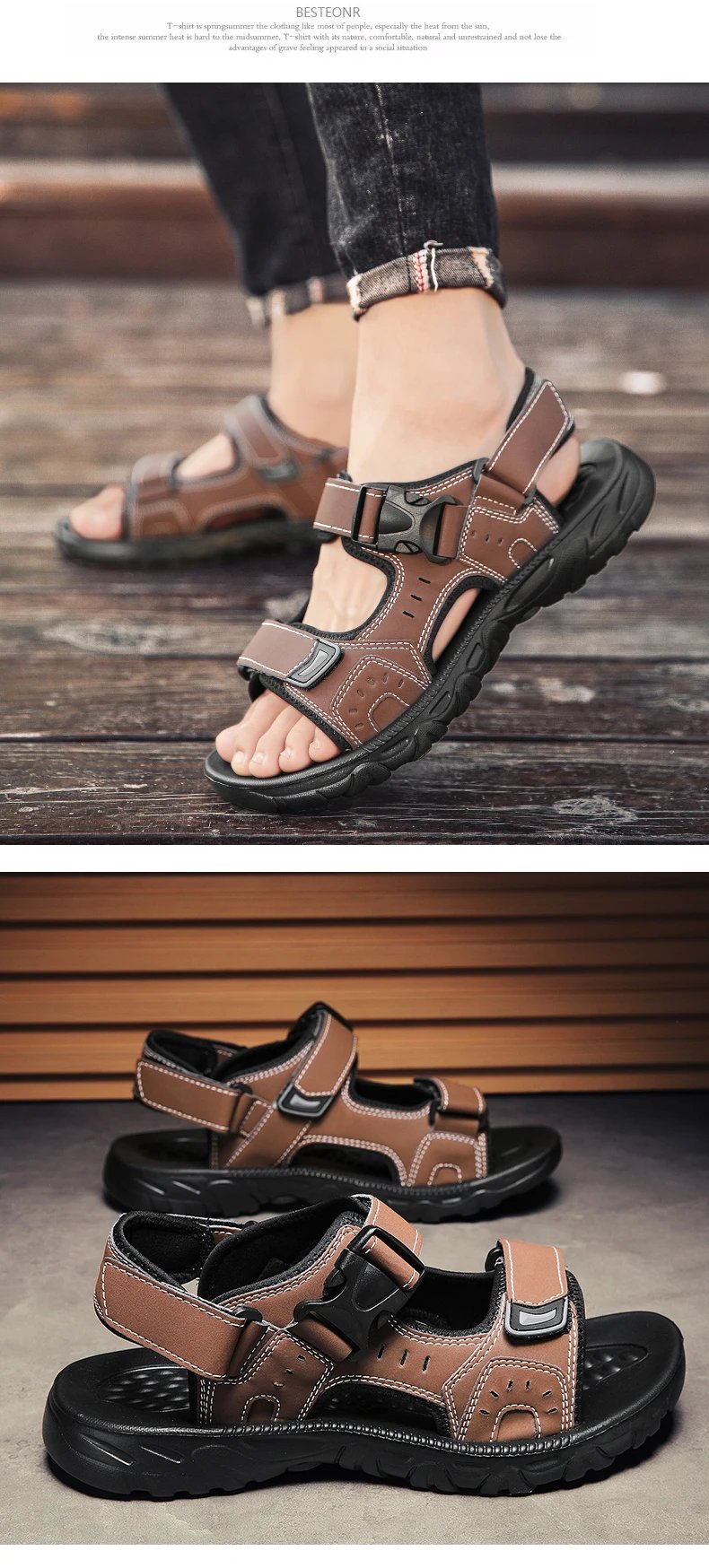 Summer Men Sandals PU Leather Lightweight Open Toe Flat Mens Casual Shoes Outdoor Walking Sandals for Men Beach Shoes Size 39-46