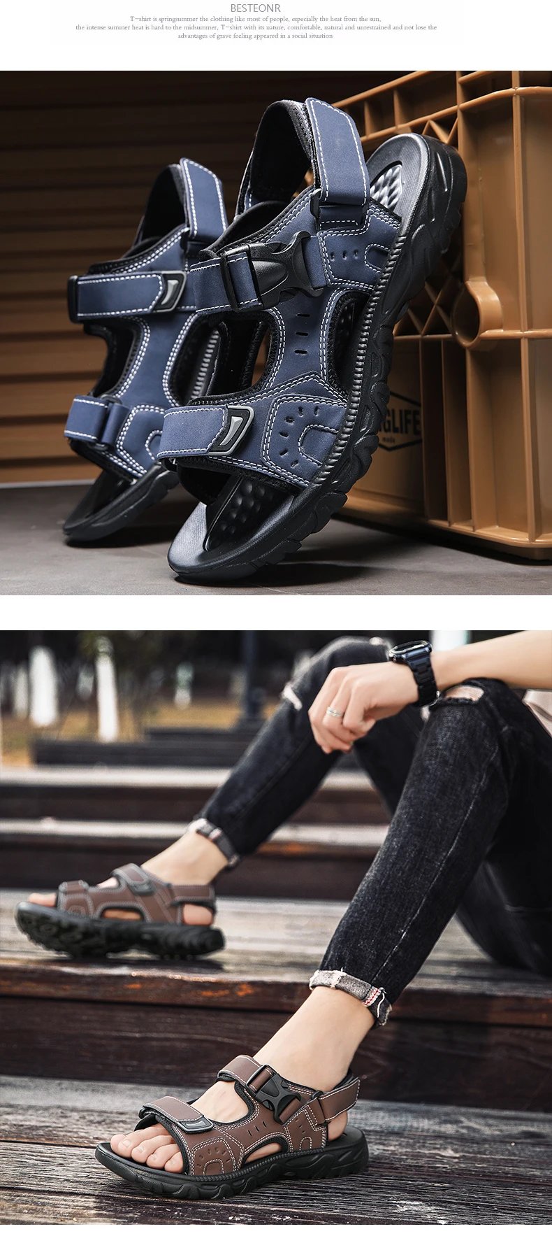 Summer Men Sandals PU Leather Lightweight Open Toe Flat Mens Casual Shoes Outdoor Walking Sandals for Men Beach Shoes Size 39-46