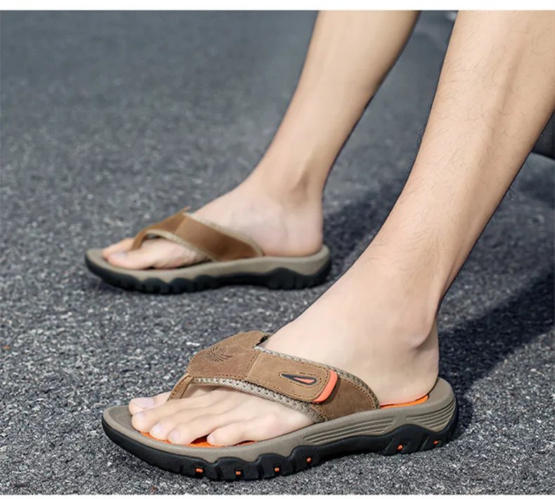 New Summer Men's Slippers Breathable Luxury Men Sandals  Beach Classics Genuine Leather  Mens Slippers Outdoor Men's Flip Flops