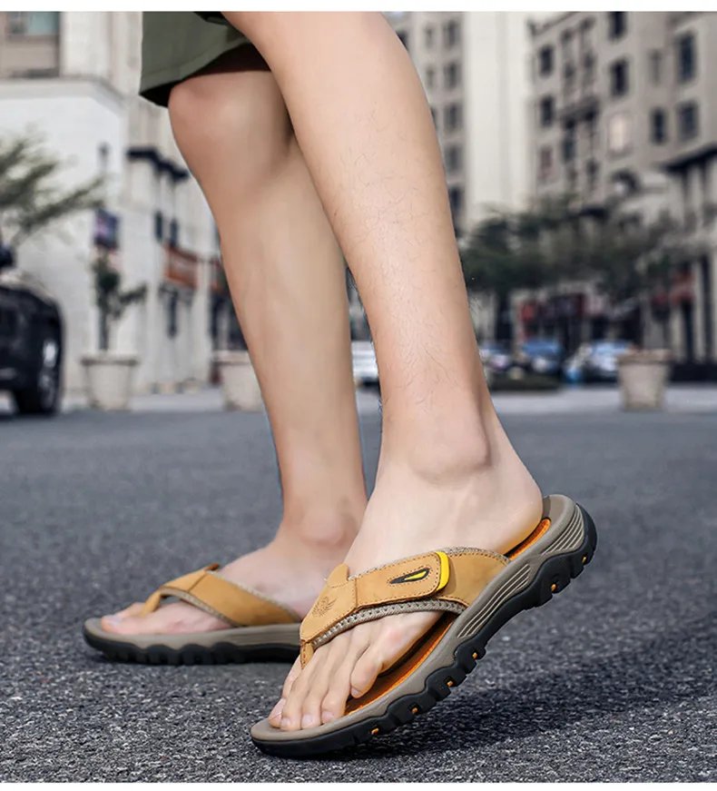New Summer Men's Slippers Breathable Luxury Men Sandals  Beach Classics Genuine Leather  Mens Slippers Outdoor Men's Flip Flops