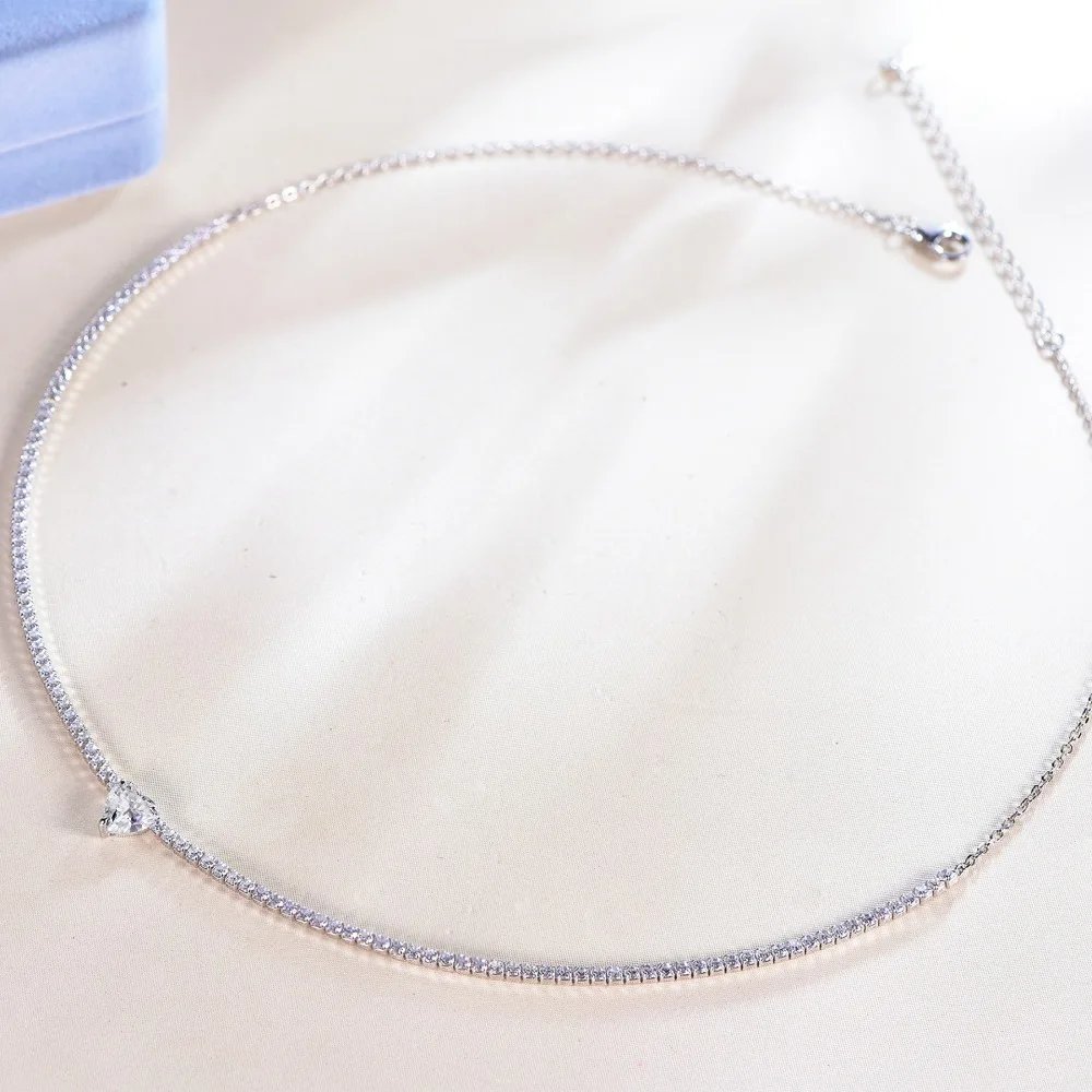 2mm Full Moissanite Diamond Tennis Necklace With Heart Cut Diamond Riviera Necklace S925 Silver Adjustable Choker for Women