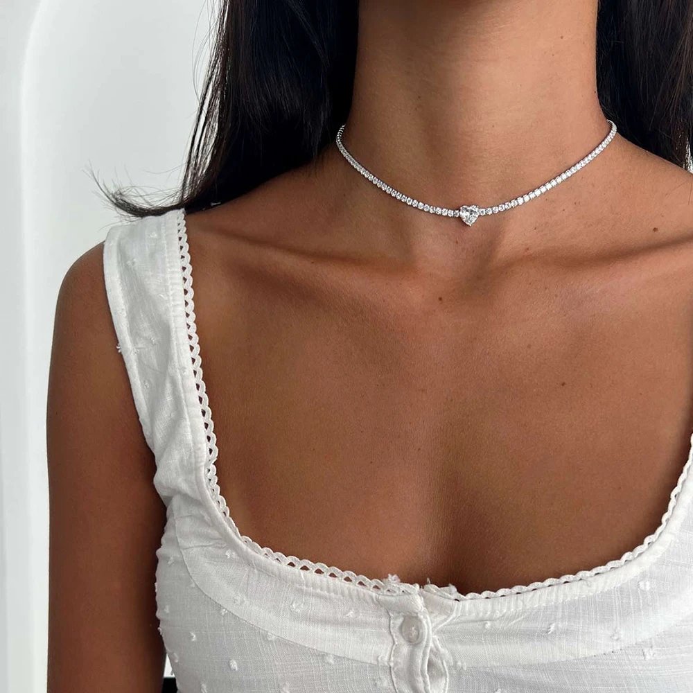 2mm Full Moissanite Diamond Tennis Necklace With Heart Cut Diamond Riviera Necklace S925 Silver Adjustable Choker for Women