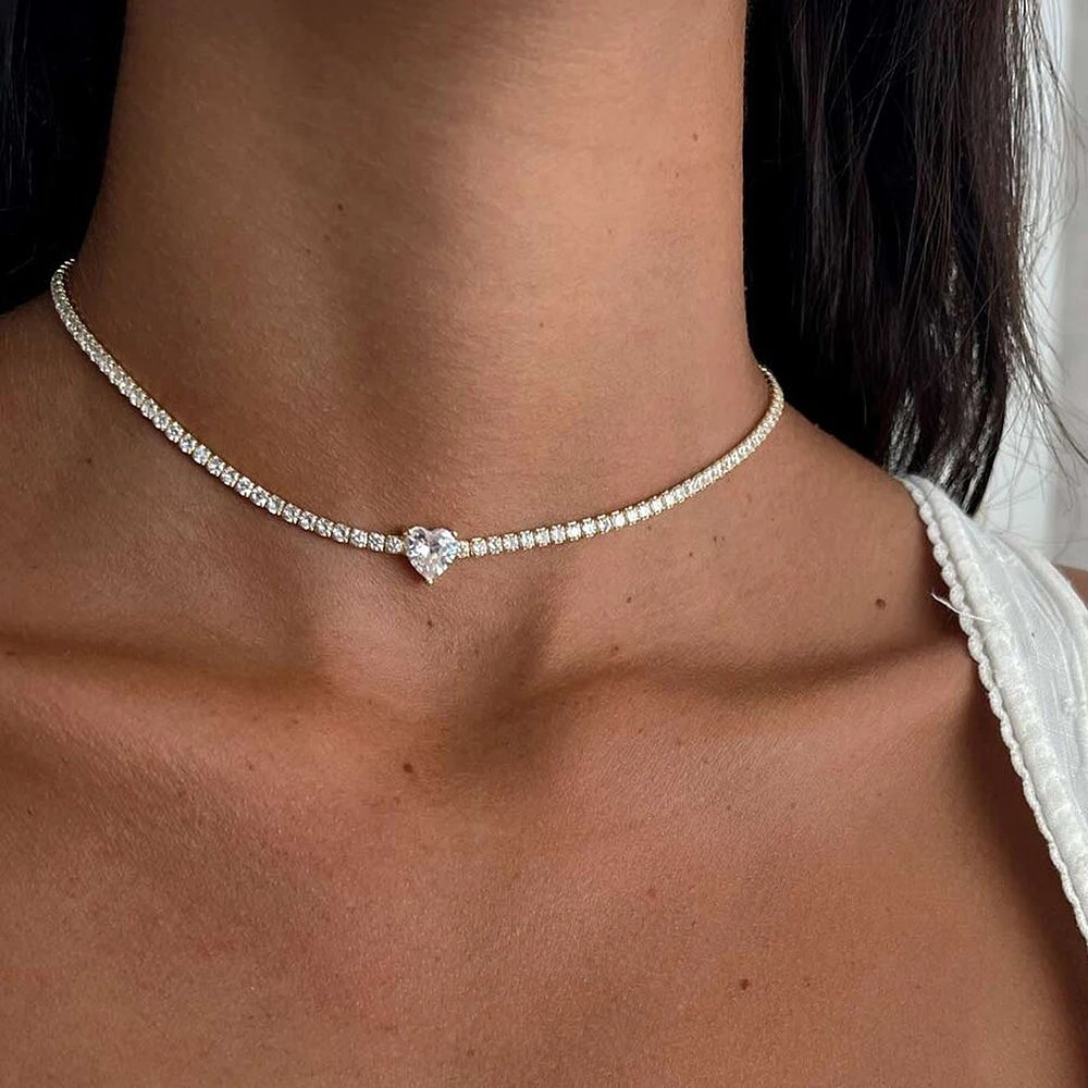 2mm Full Moissanite Diamond Tennis Necklace With Heart Cut Diamond Riviera Necklace S925 Silver Adjustable Choker for Women