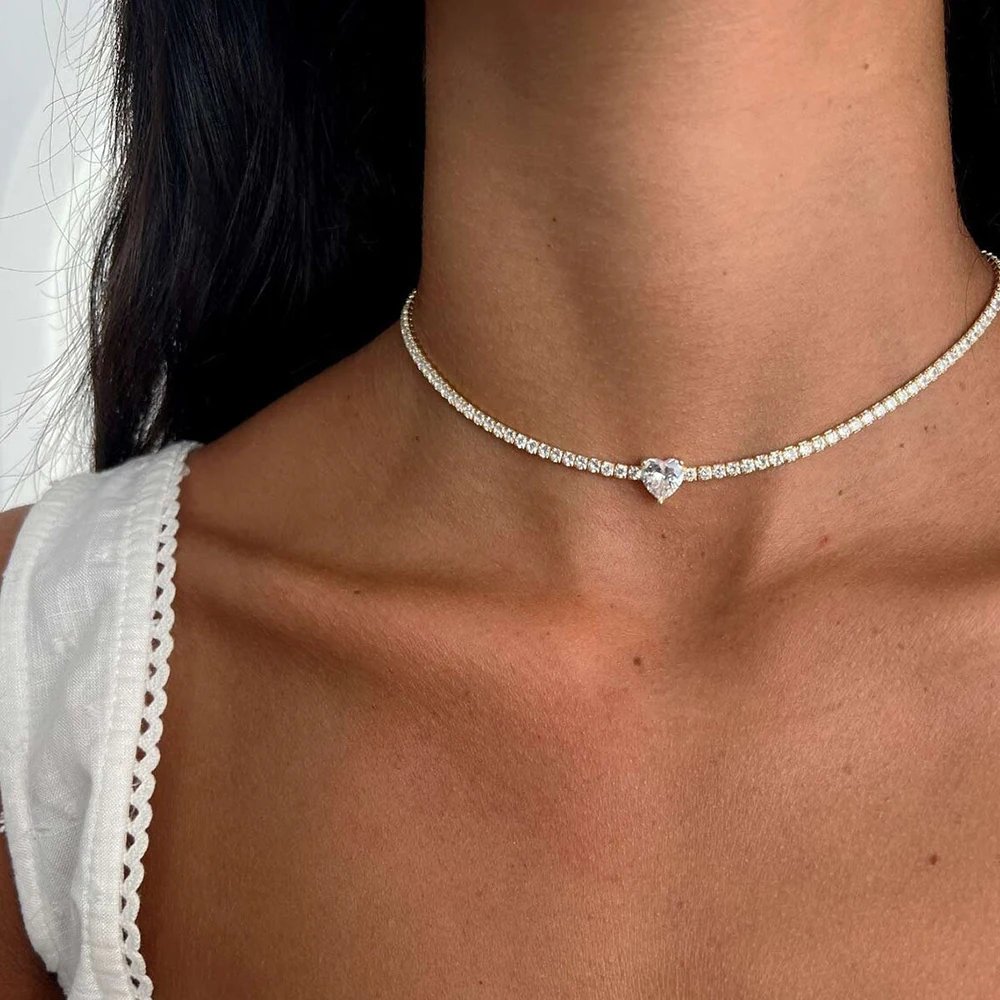 2mm Full Moissanite Diamond Tennis Necklace With Heart Cut Diamond Riviera Necklace S925 Silver Adjustable Choker for Women
