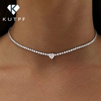 2mm Full Moissanite Diamond Tennis Necklace With Heart Cut Diamond Riviera Necklace S925 Silver Adjustable Choker for Women